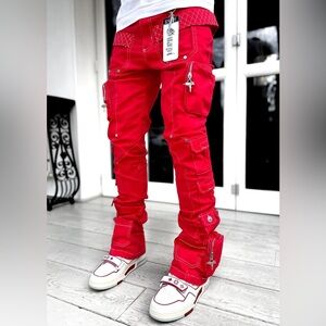 NWT Guapi Limited Edition Blood Red Contrast Stacked Cargo Pants Sz Mens 34 RARE